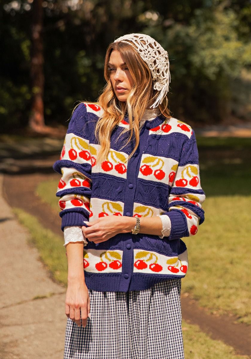 Navy Cherry Print Button Down Cardigan Sweater – Twist Boutique