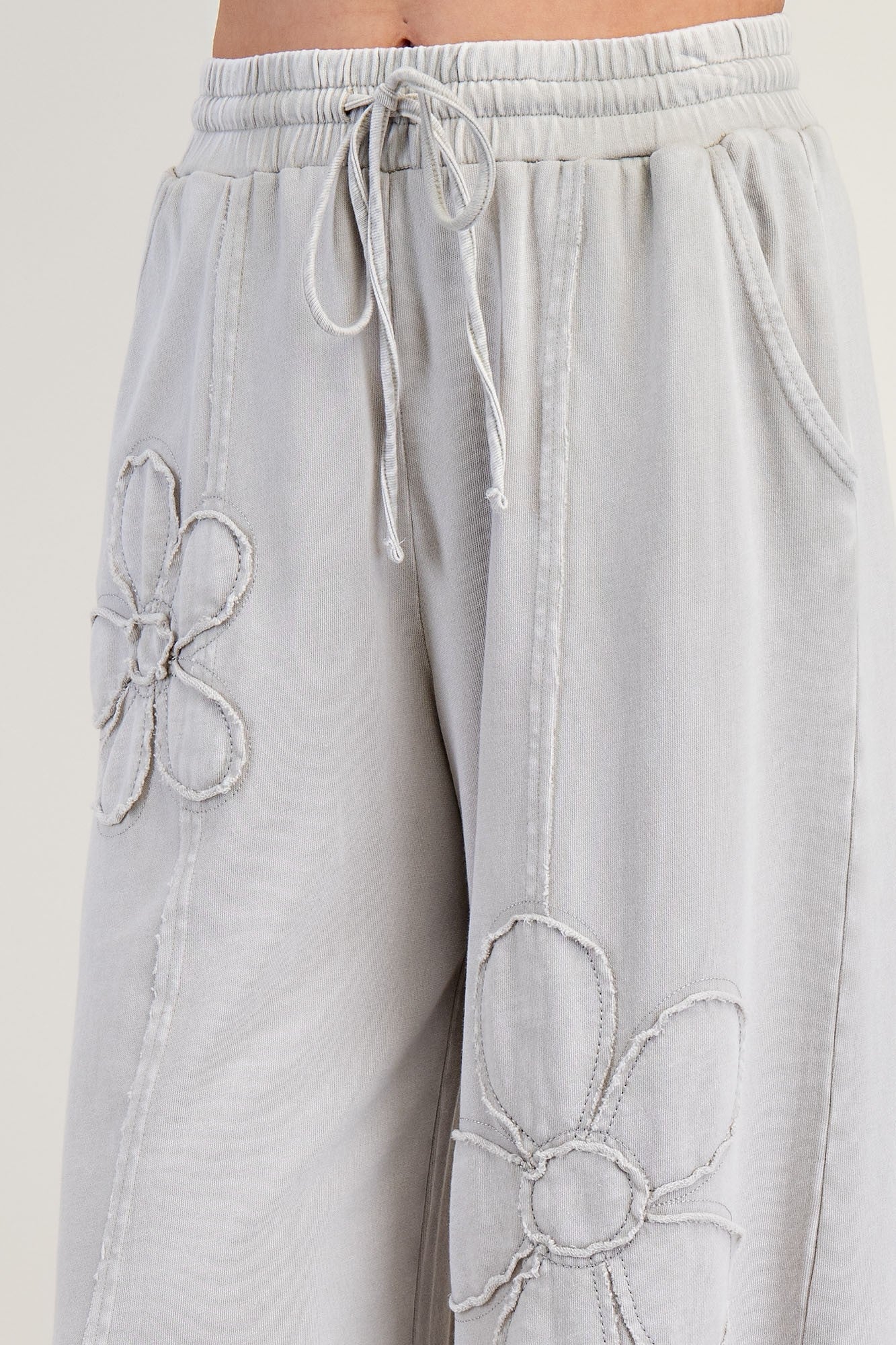 Stone Gray Flower Patch Terry Knit Mineral Wash Wide Leg
