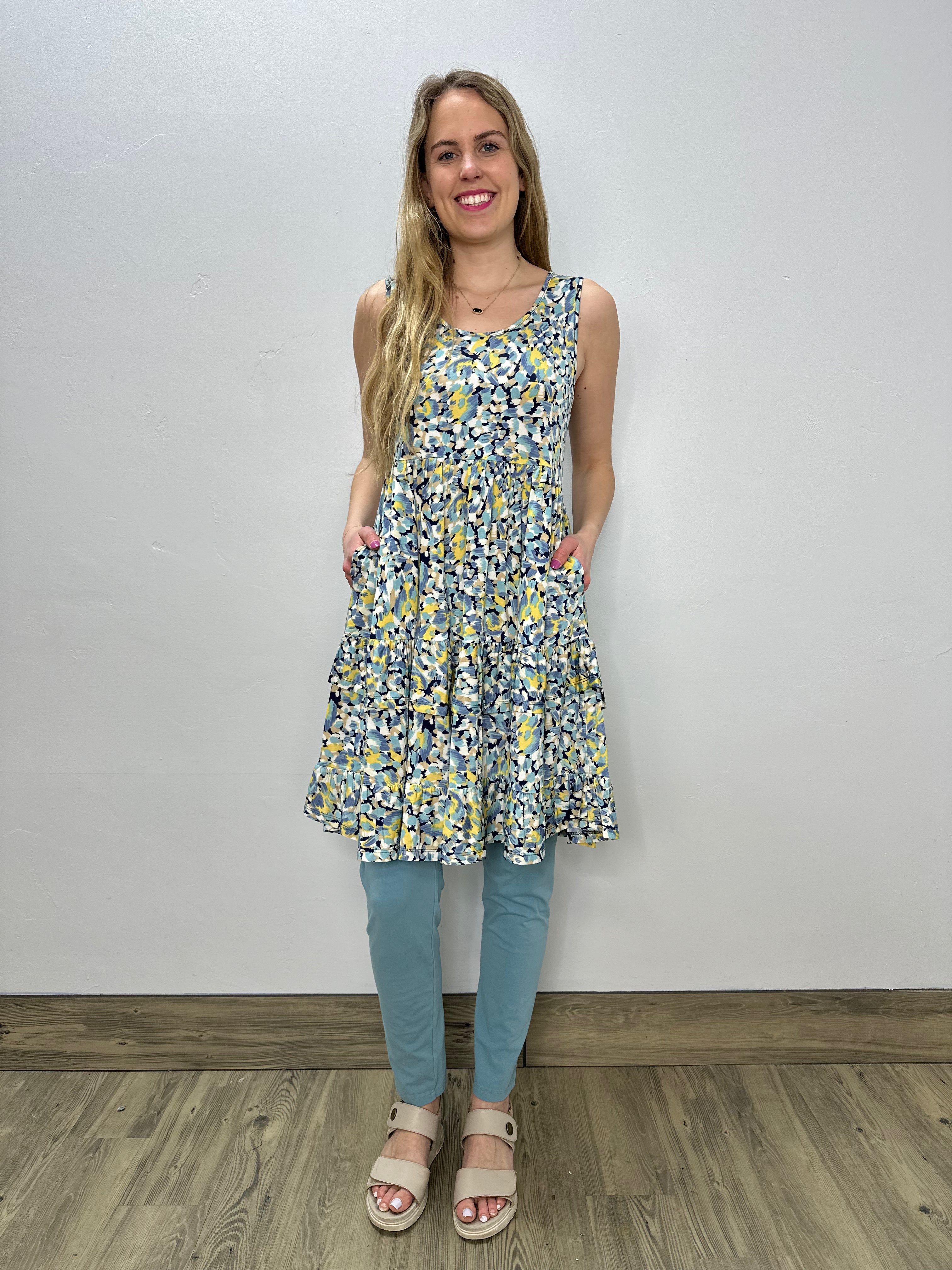 Blue and Yellow Tiered Ruffled Sleeveless Print Dress – Twist Boutique