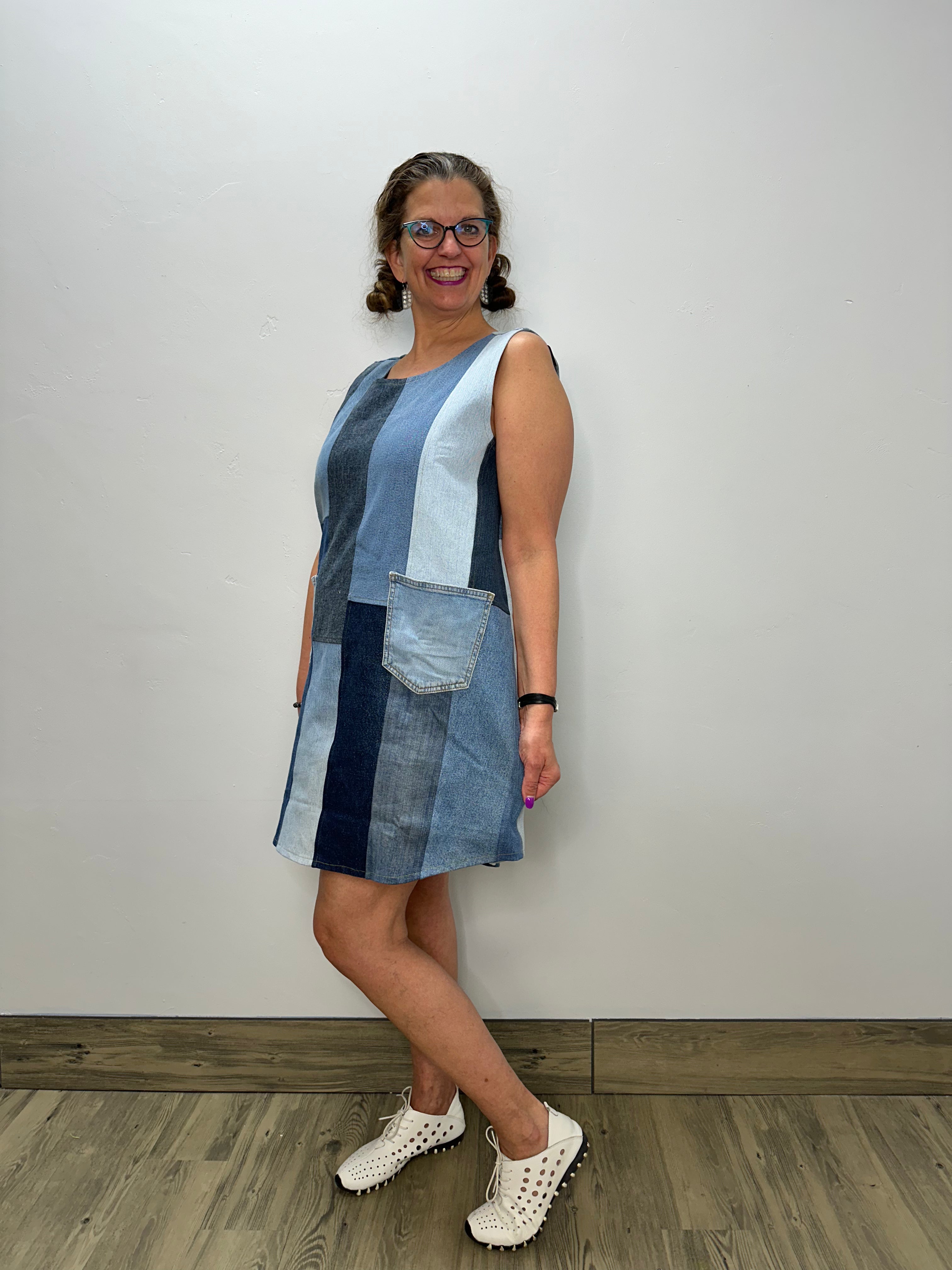 Mccaw2点/DENIM RANDOM SHIRRING DRESS Denim Patchwork Dress with Pockets – Twist Boutique
