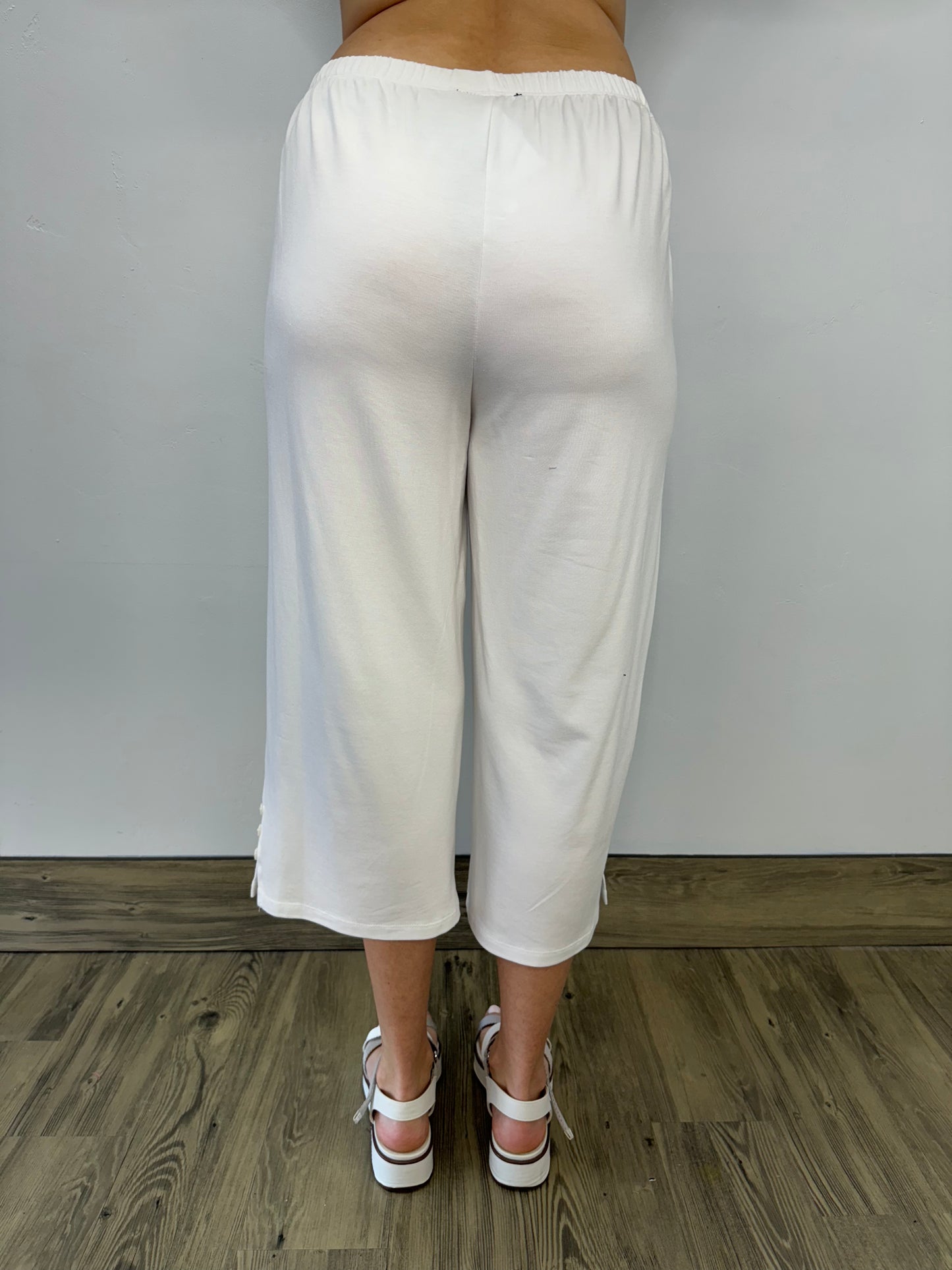 White Bamboo French Terry Capri with Button Detail