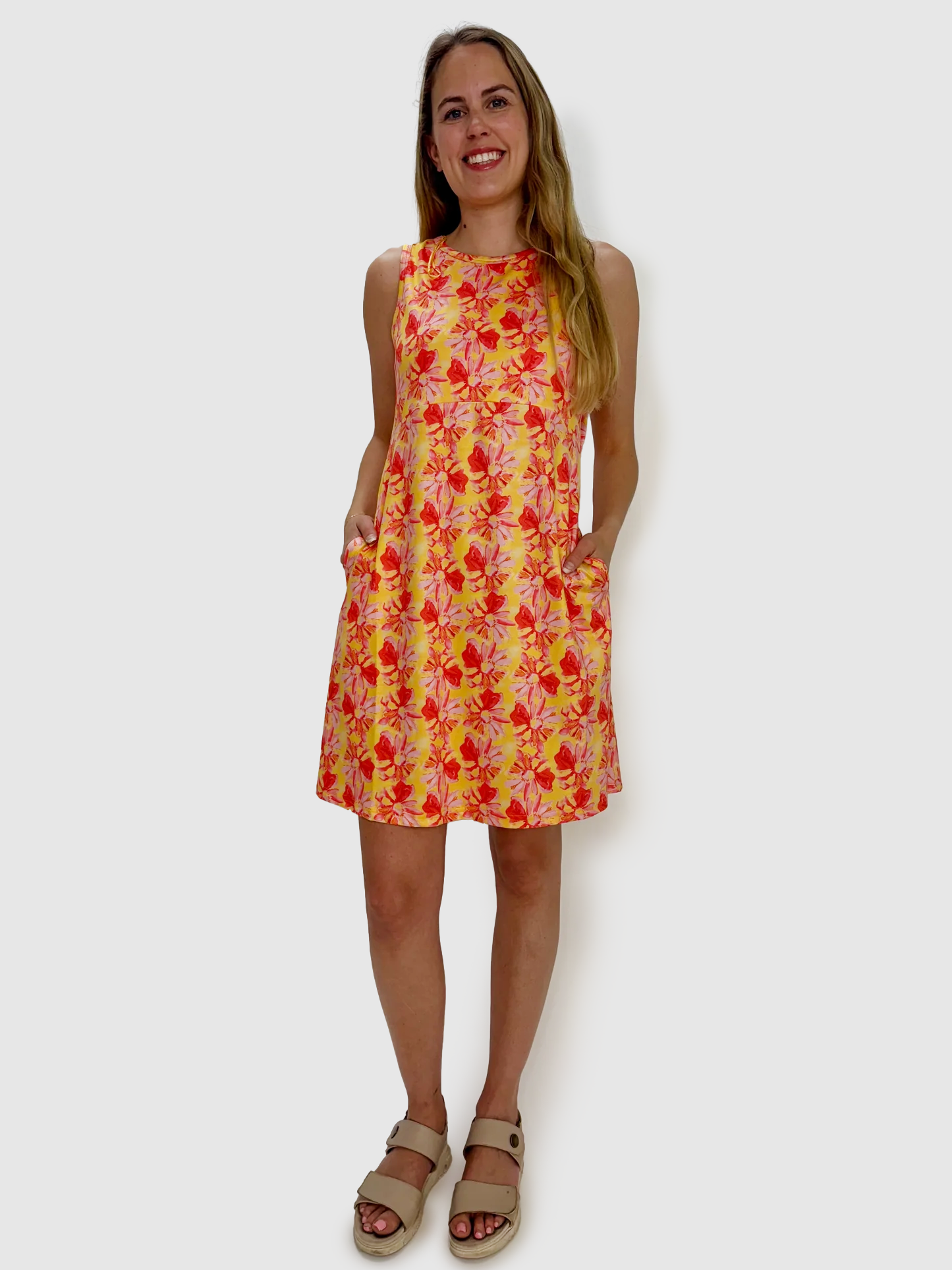 red dress with yellow flowers Yellow and Red Flowers Sleeveless Empire Waist Dress – Twist Boutique