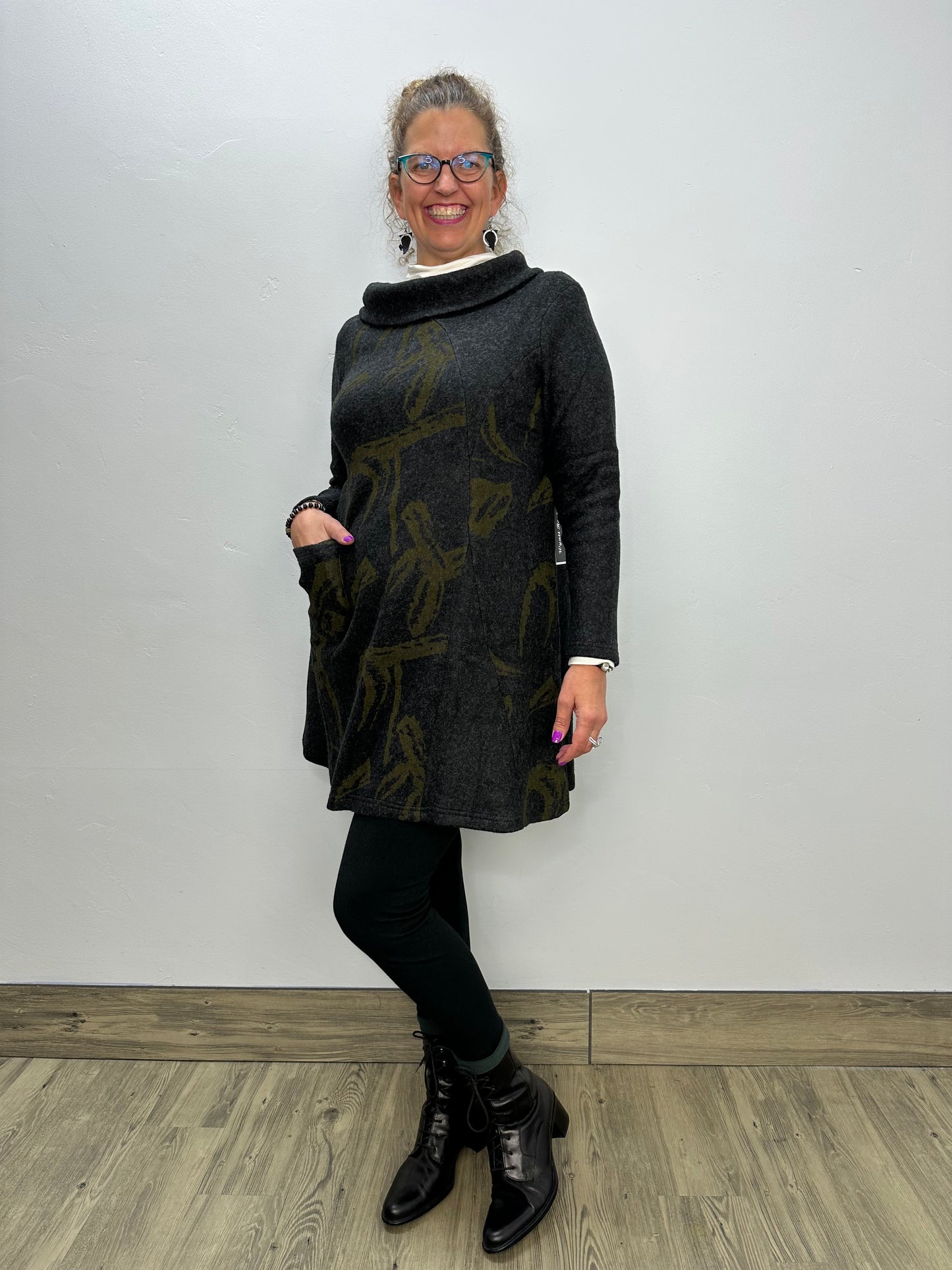 Charcoal Lime Mixed Media Stand Up Mock Neck Dress