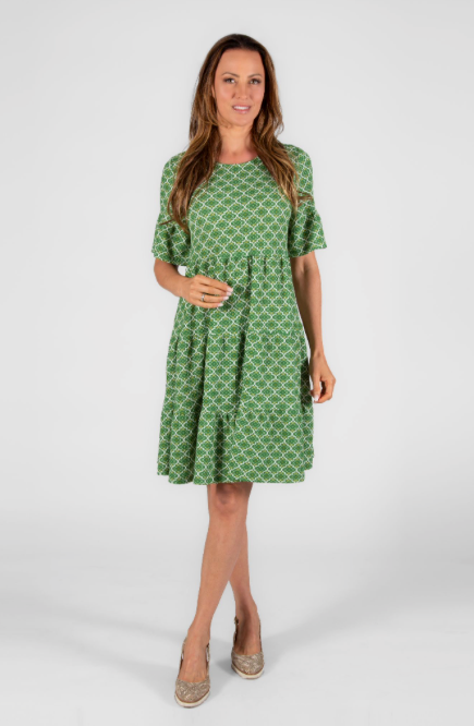 Green Pattern Short Sleeve Tiered Dress