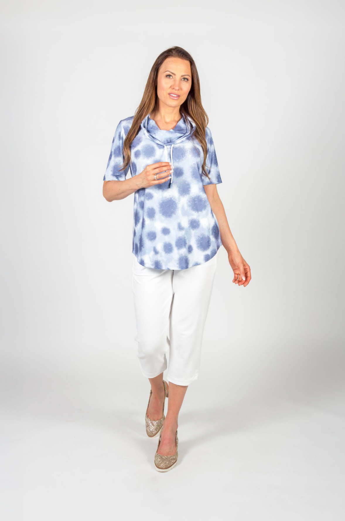 Blue Dots Elbow Sleeve Bamboo Draw String Top