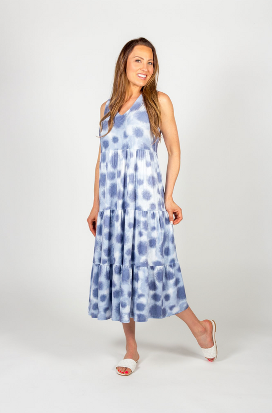 Blue Dots Bamboo Sleeveless Tiered Long Dress