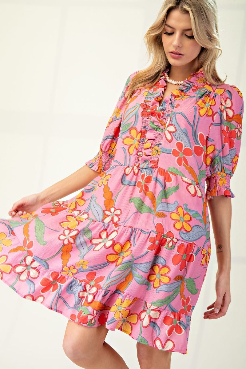 V-neck Waist Ruched Dress with Flutter Sleeves Candy Pink main image 1