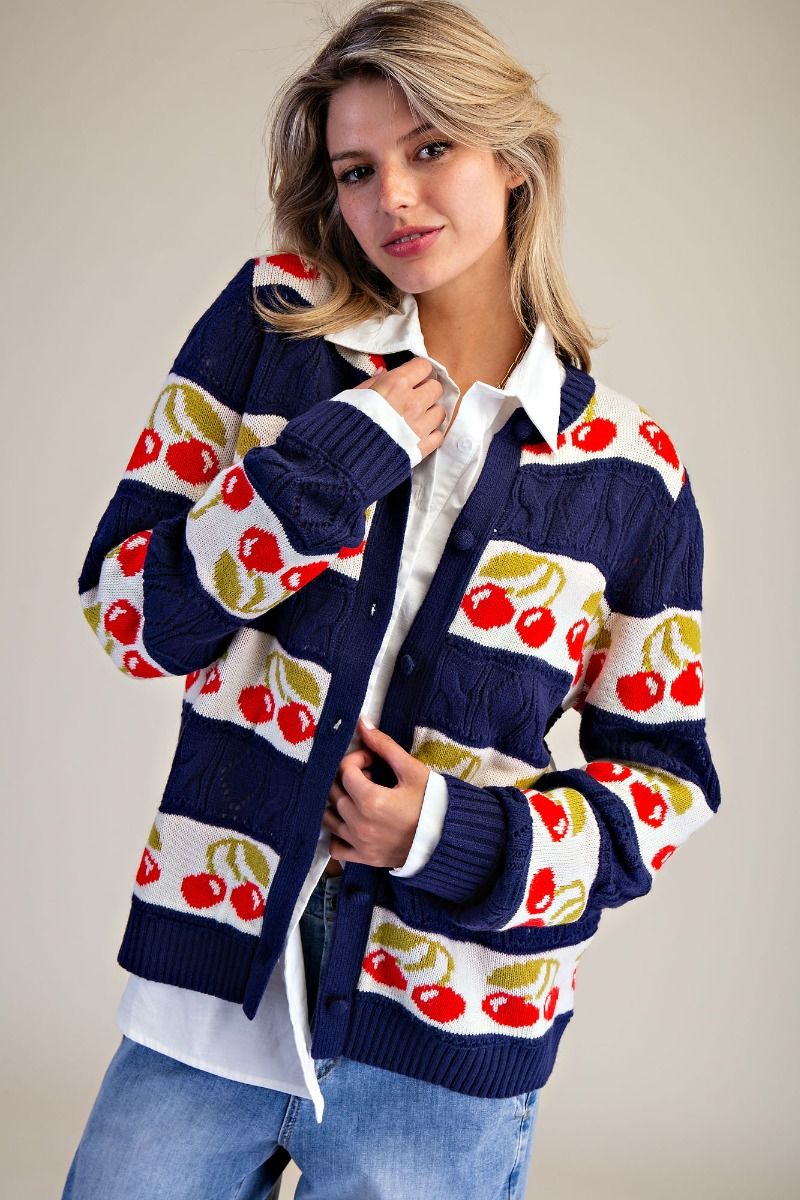 Navy Cherry Print Button Down Cardigan Sweater – Twist Boutique