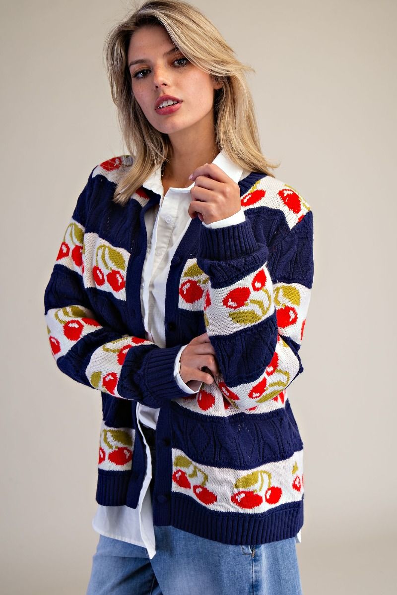 Navy Cherry Print Button Down Cardigan Sweater – Twist Boutique