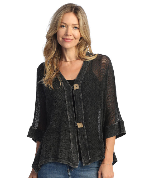 Black Mineral Washed Flounce Hem Mesh Cardigan With 2-Button Closure