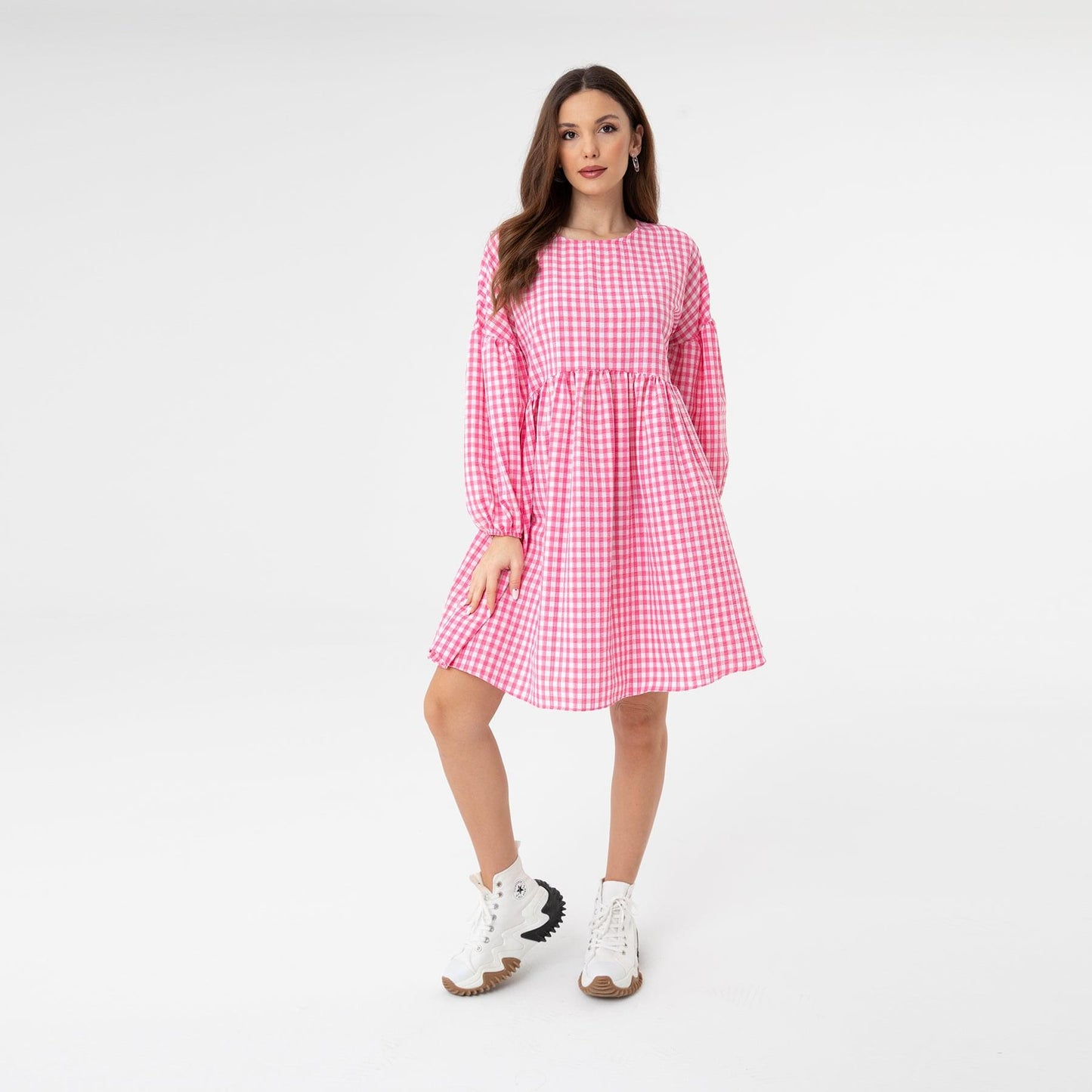 Pink Checkered Poplin Sleeve Dress