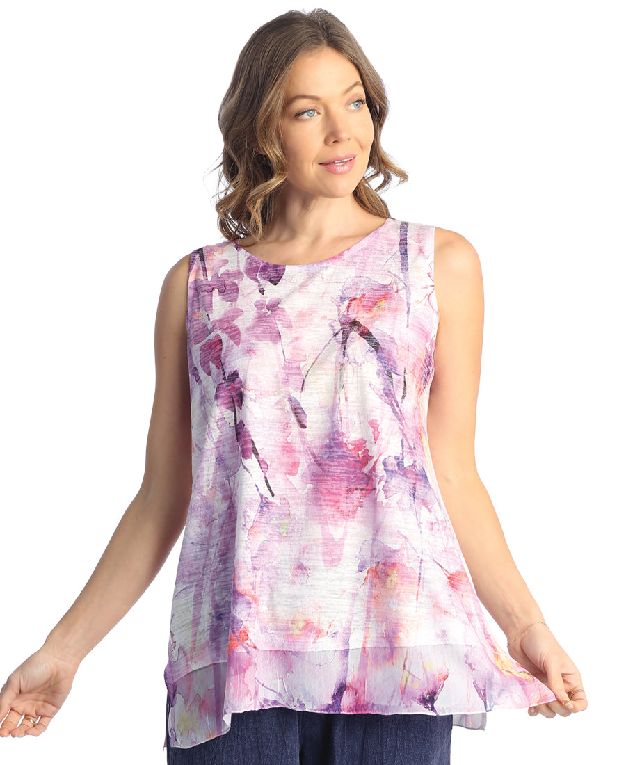 Wisteria Burnout Sleeveless Top with Chiffon Contrast
