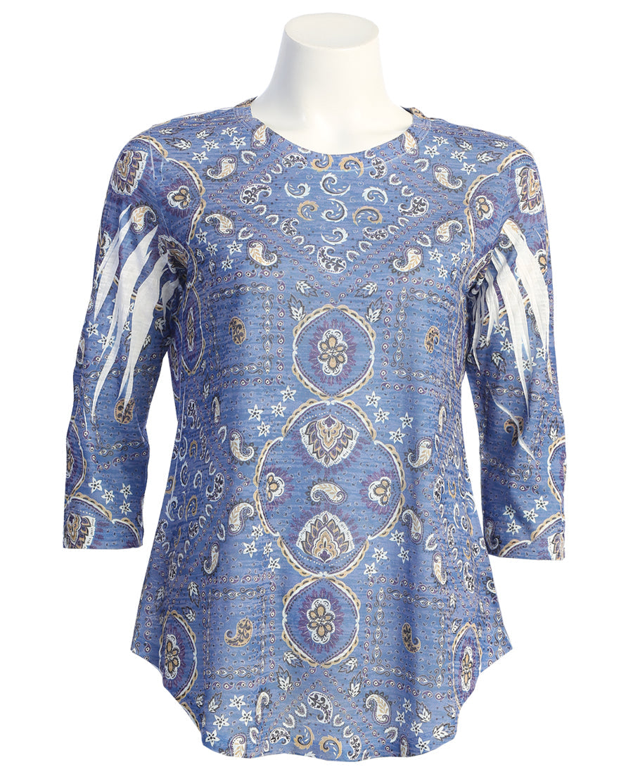 Blue Moon Burnout 3/4 Sleeve Tunic Top With Round Hem