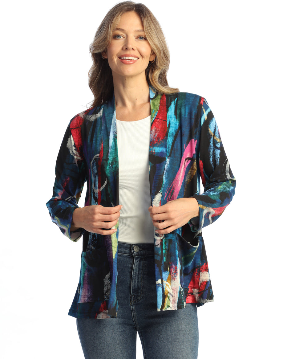 Sapphire Pattern Cotton Open Front Cardigan with Pockets – Twist
