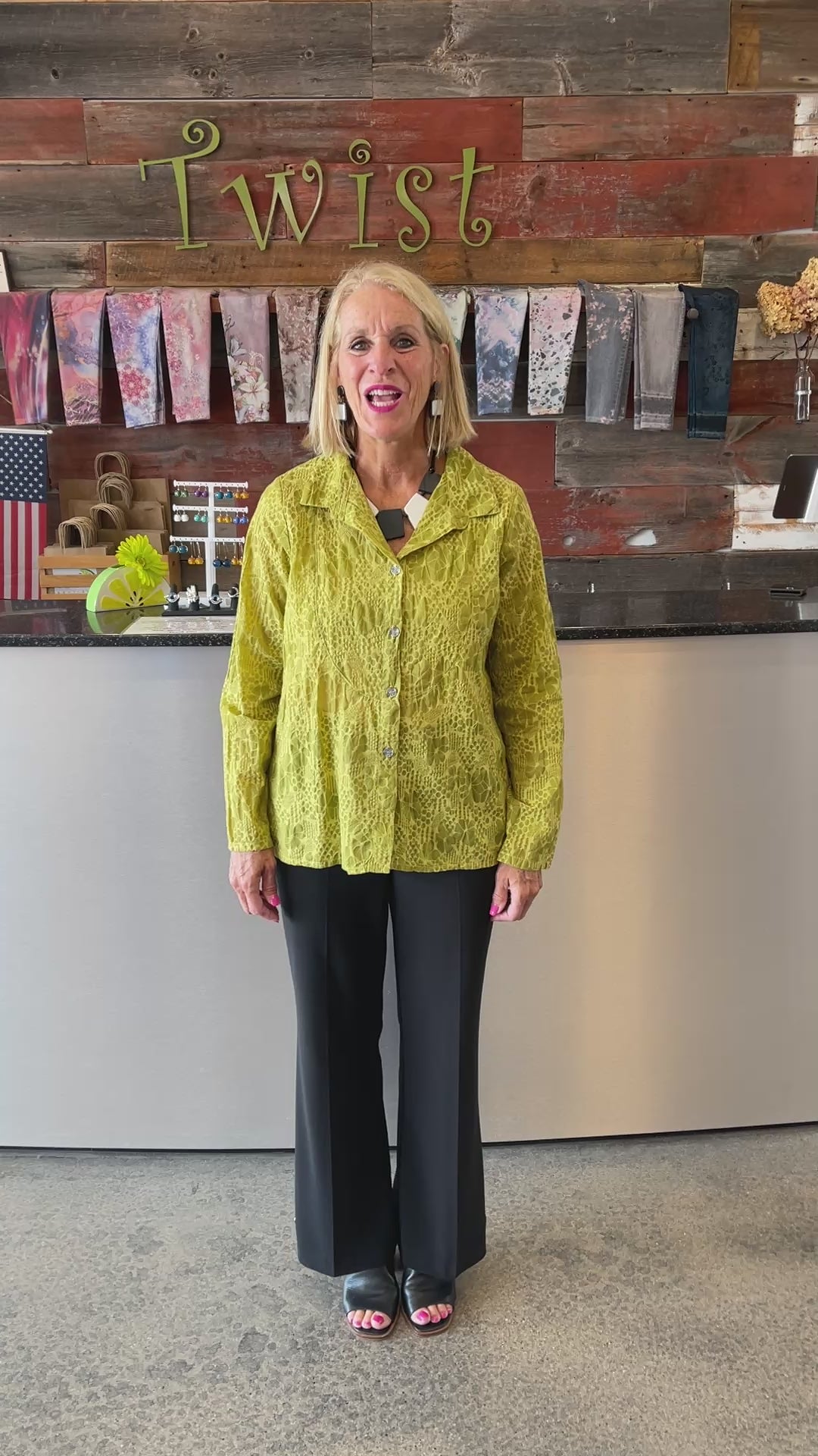 Citrus Green Cotton Burnout Floral Detail Collared Shirt