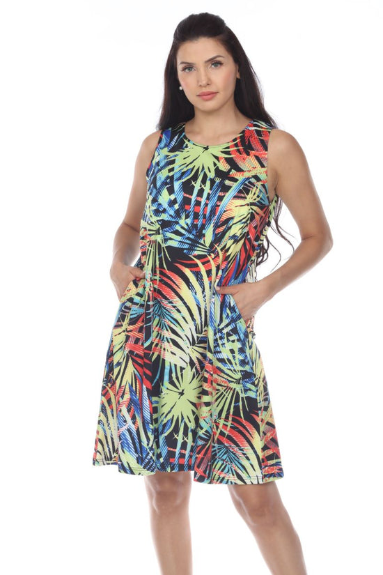 Colorful Tropical Sleeveless Dress with Side Pockets