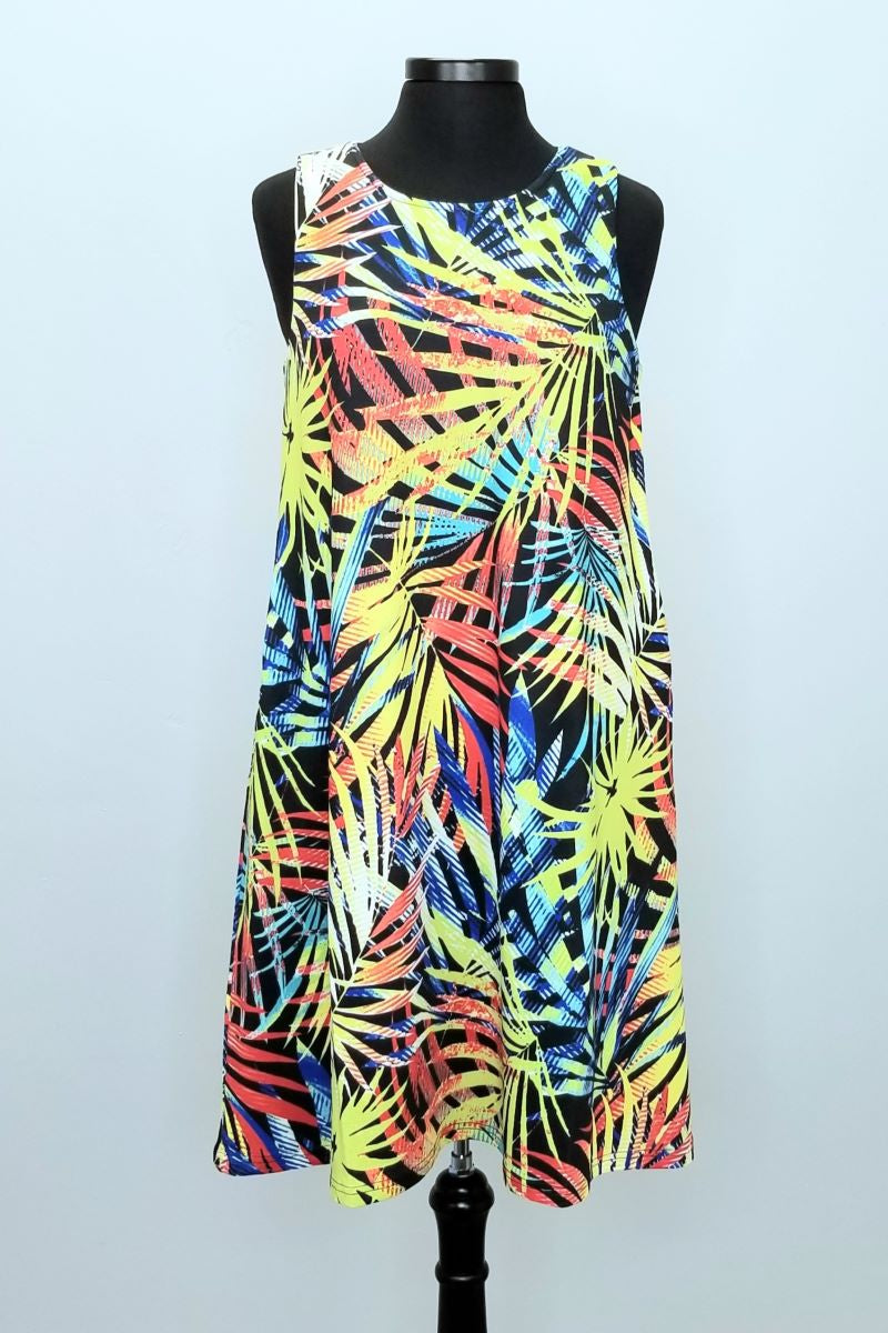 Colorful Tropical Sleeveless Dress with Side Pockets