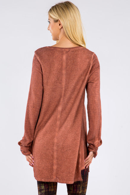 Oil Washed French Terry Tunic with 3/4 Sleeves - Paprika