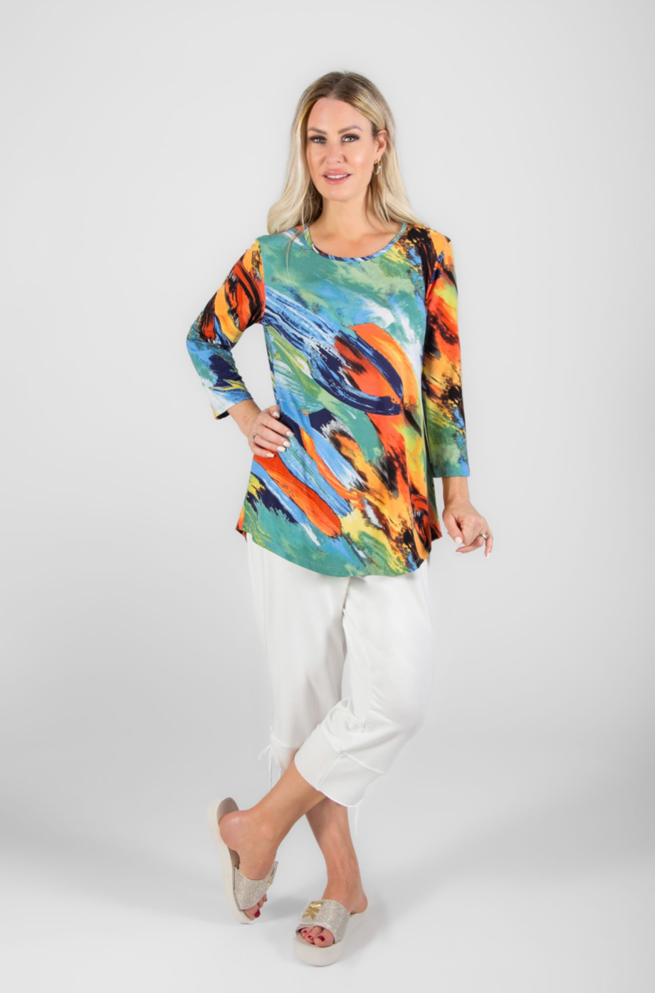 3/4 Sleeve Coral Blue Pattern Tunic