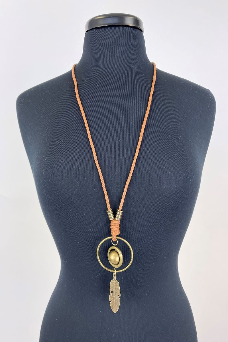 Bronze Colored Sphere and Feather Necklace