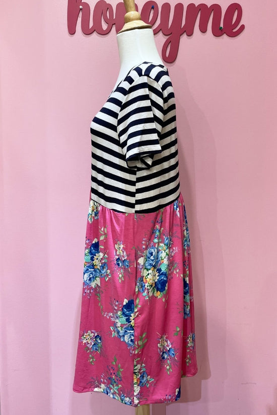 Short Sleeve Stripe and Pink Floral Dress