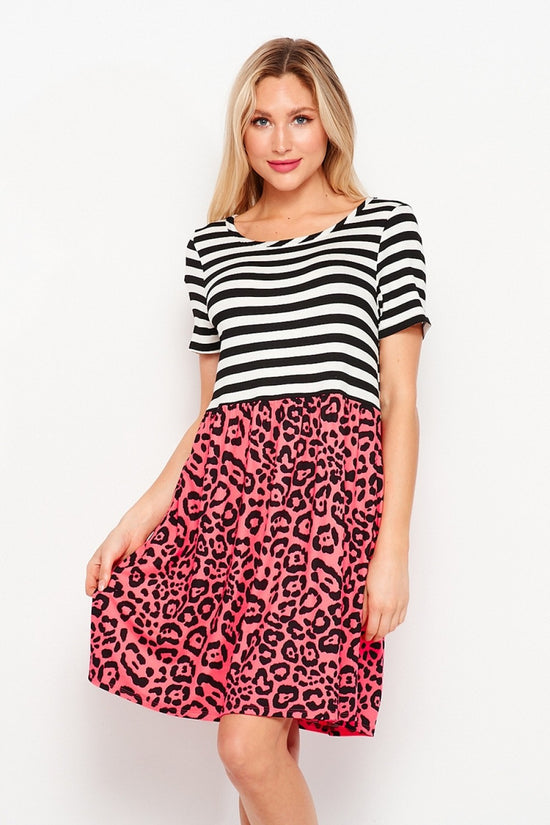 Short Sleeve Stripe and Animal Print Dress