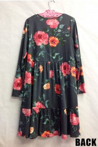 Charcoal Tiered Dress with Pink Flowers