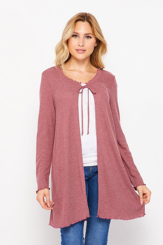 T10705BR  Long Sleeve Cardigan with Lettuce Edging and Pockets