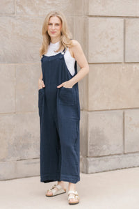 Navy Cotton Gauze Button Overall Jumper