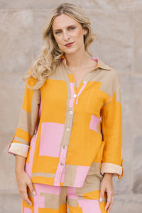 Orange Pink and Tan Cotton Gauze Button Up Top