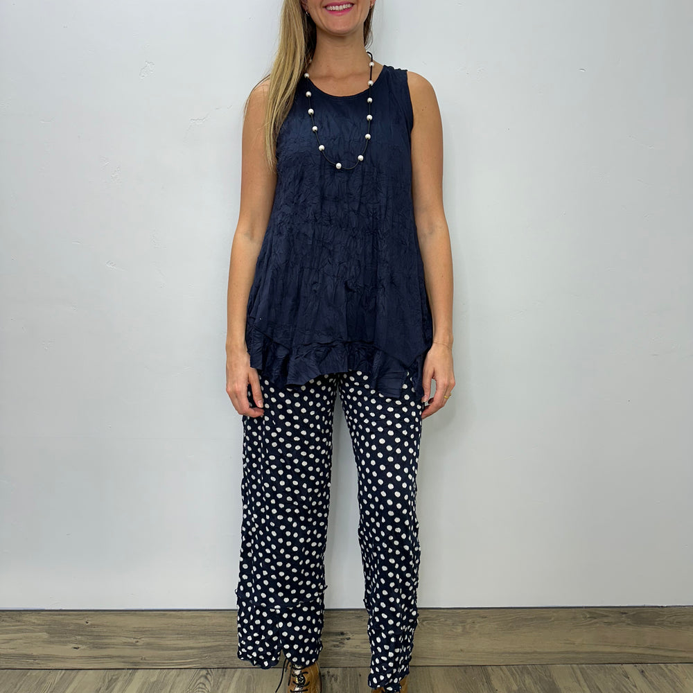 
                  
                    Navy Crinkle Dots Full Length Pant
                  
                