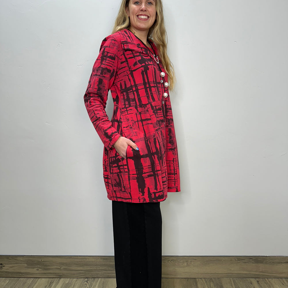 
                  
                    Cherry Red Print Button Down Bee Coat
                  
                