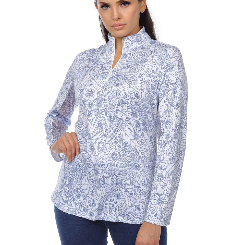 
                  
                    Blue Whimsical Pattern Long Sleeve Top with Zippered Collar
                  
                