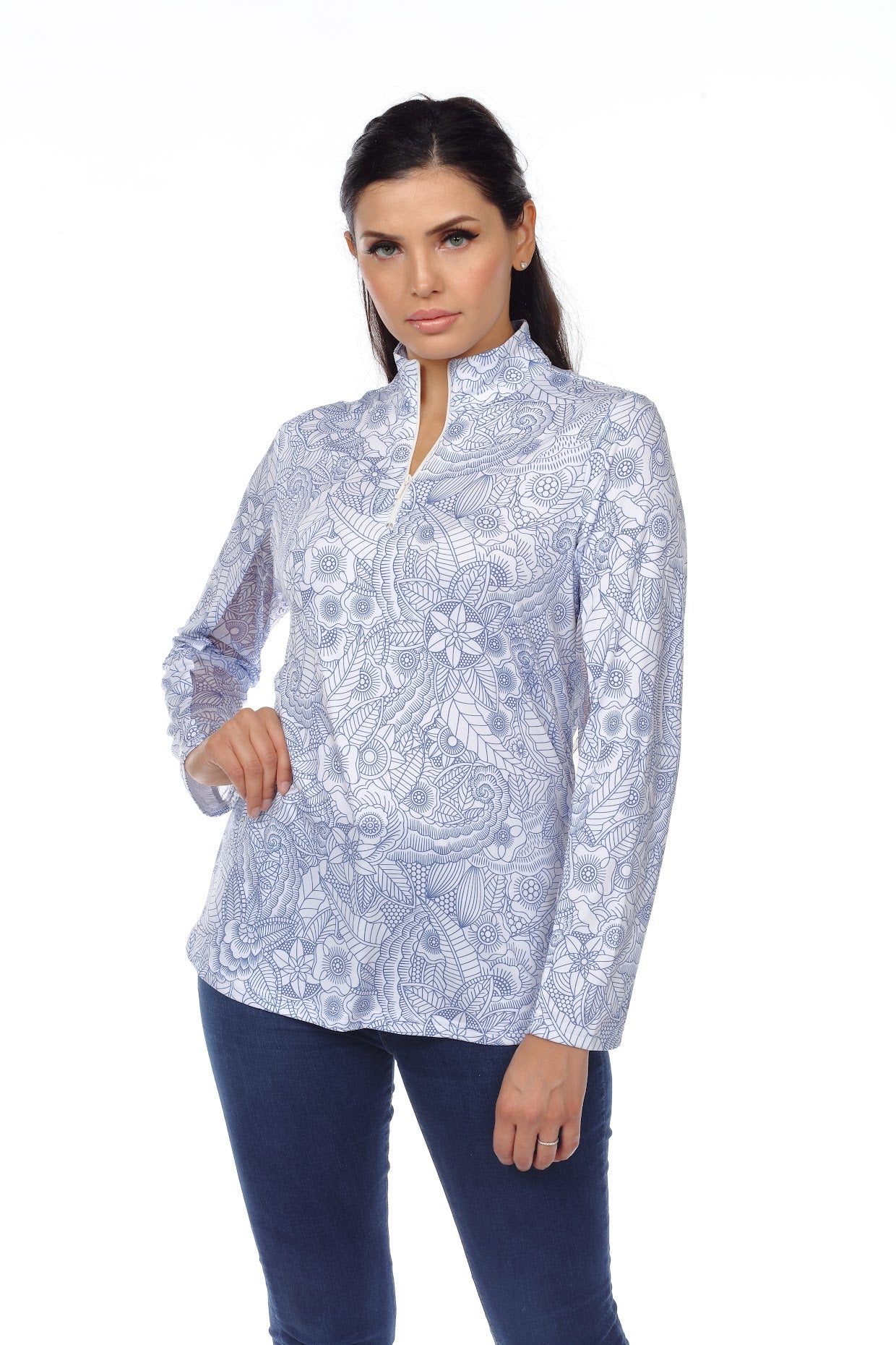 Blue Whimsical Pattern Long Sleeve Top with Zippered Collar