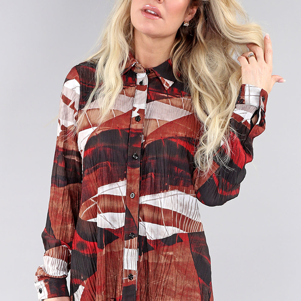 Red Wave Long Sleeve Button Down Collared Shirt