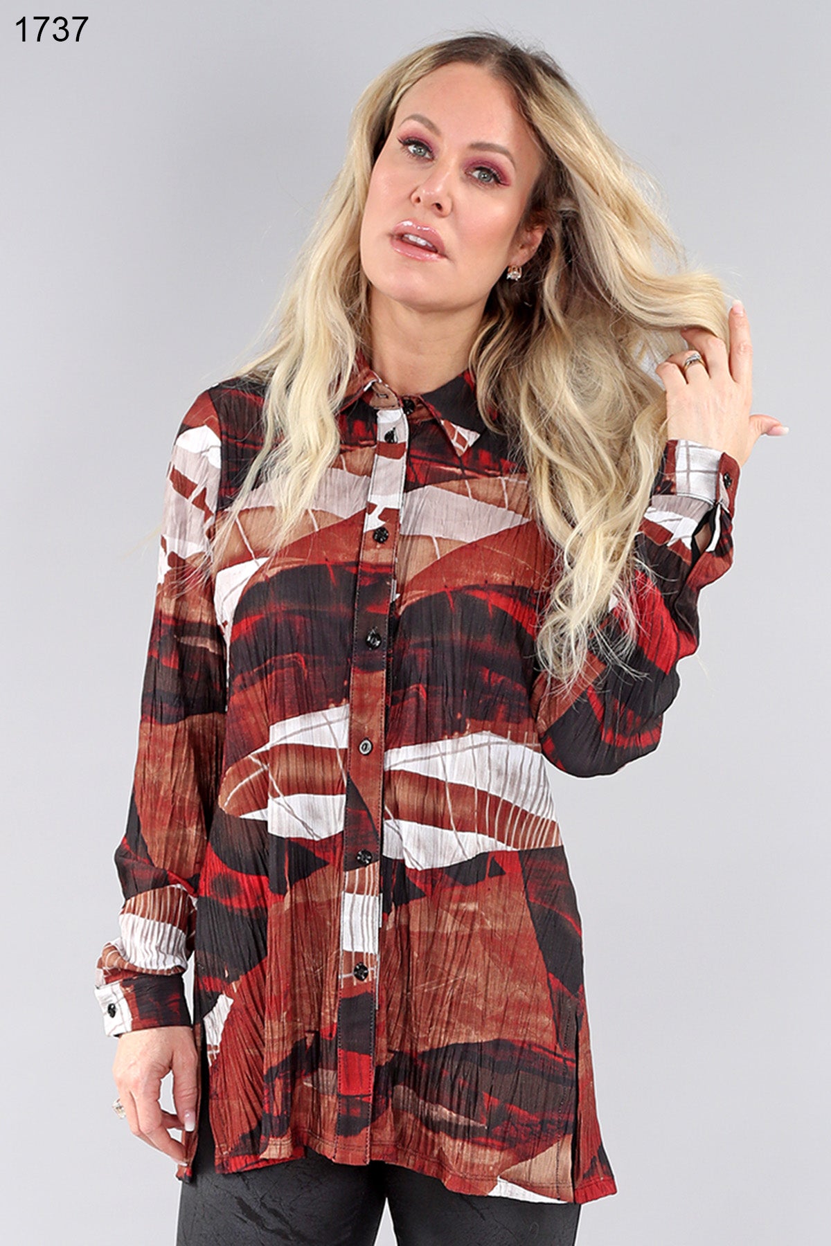 Red Wave Long Sleeve Button Down Collared Shirt