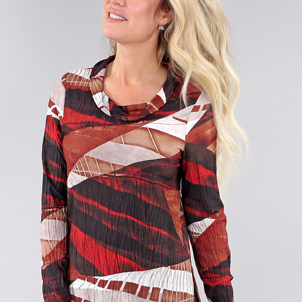 Red Wave Long Sleeve Cowl Neck Top