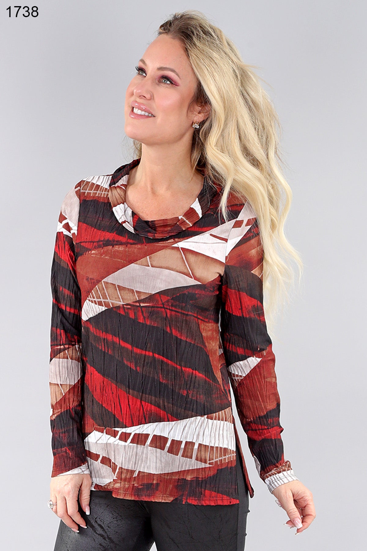 Red Wave Long Sleeve Cowl Neck Top