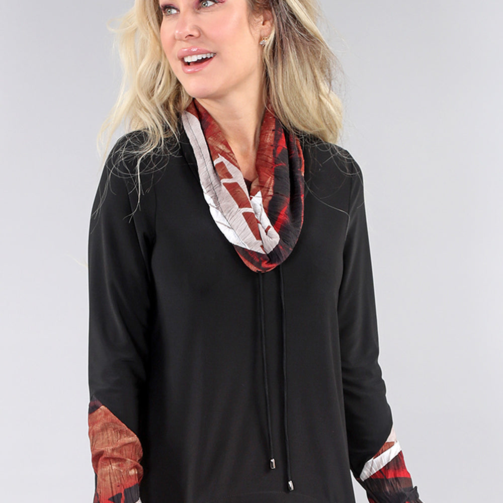 Black and Red Wave Accent Long Sleeve Cowl Neck Drawstring Pullover