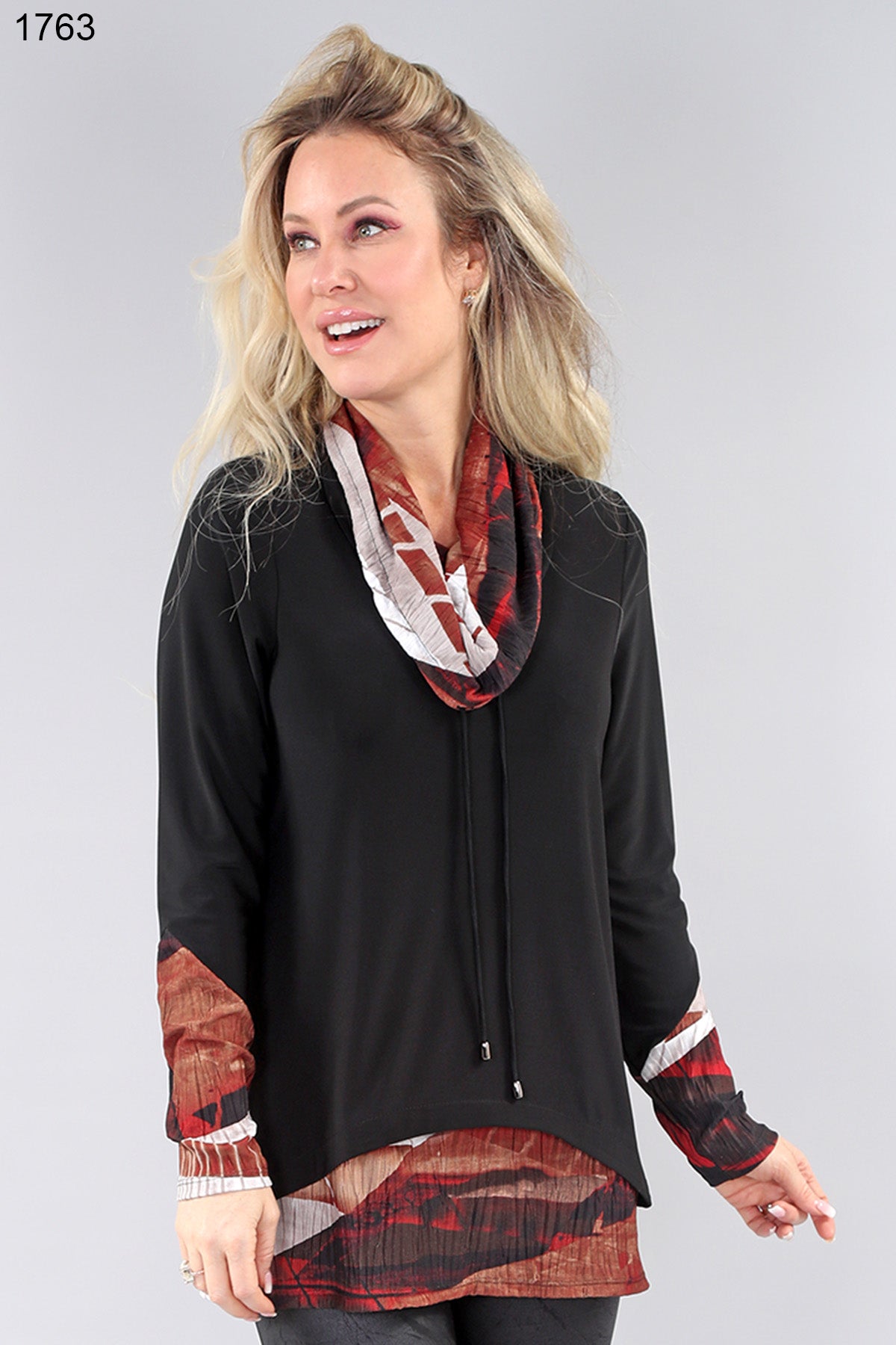 Black and Red Wave Accent Long Sleeve Cowl Neck Drawstring Pullover