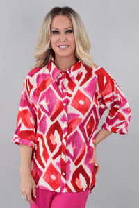 Pink Pattern Button Up Collared 3/4 Sleeve Layered Shirt