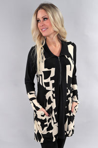 Black and Cream Long Sleeve Pattern Zipper Top