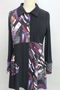 Purple Pattern Button Up Long Sleeve Collared Tunic