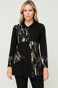 Black Pattern Button Up Long Sleeve Collared Tunic