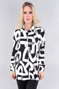 Black and White Pattern Button Down Long Sleeve Collared Tunic