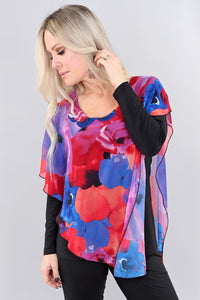 Layered Red and Purple Flower Chiffon Shawl with Tank