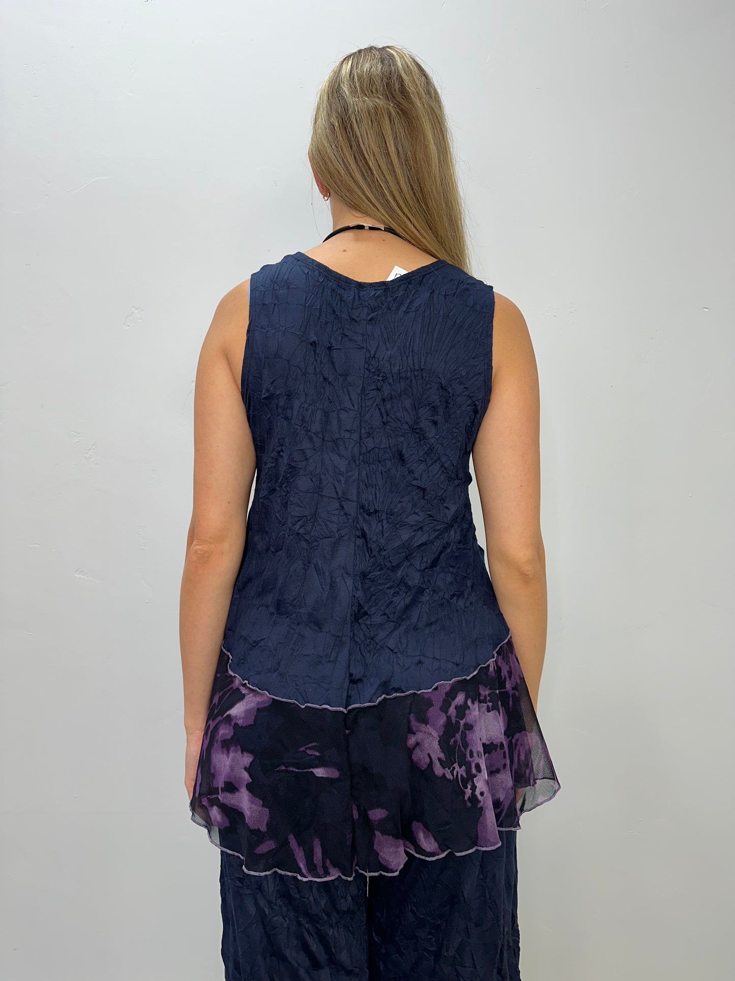 Navy Crinkle Lilac Mesh Tank