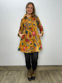 Vintage Mustard Printed Velvet Long Jacket