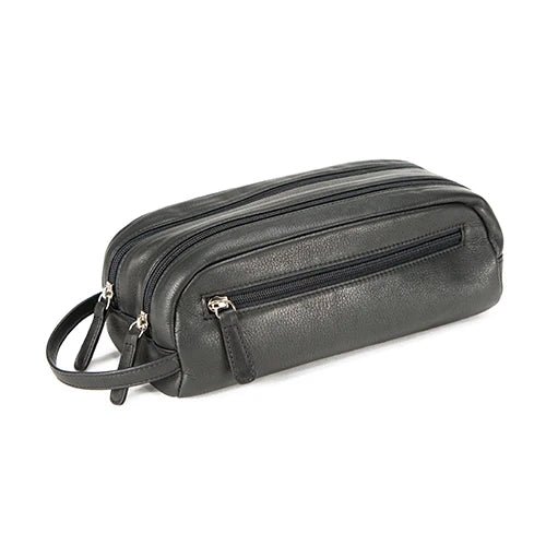 Black Genuine Leather Double Zippered Travel Kit