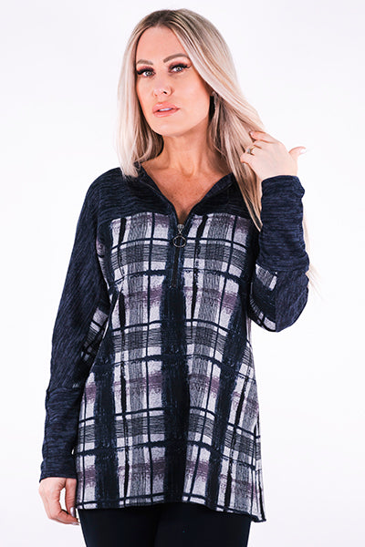 Navy and Purple Plaid 1/4 Zipper Hoodie